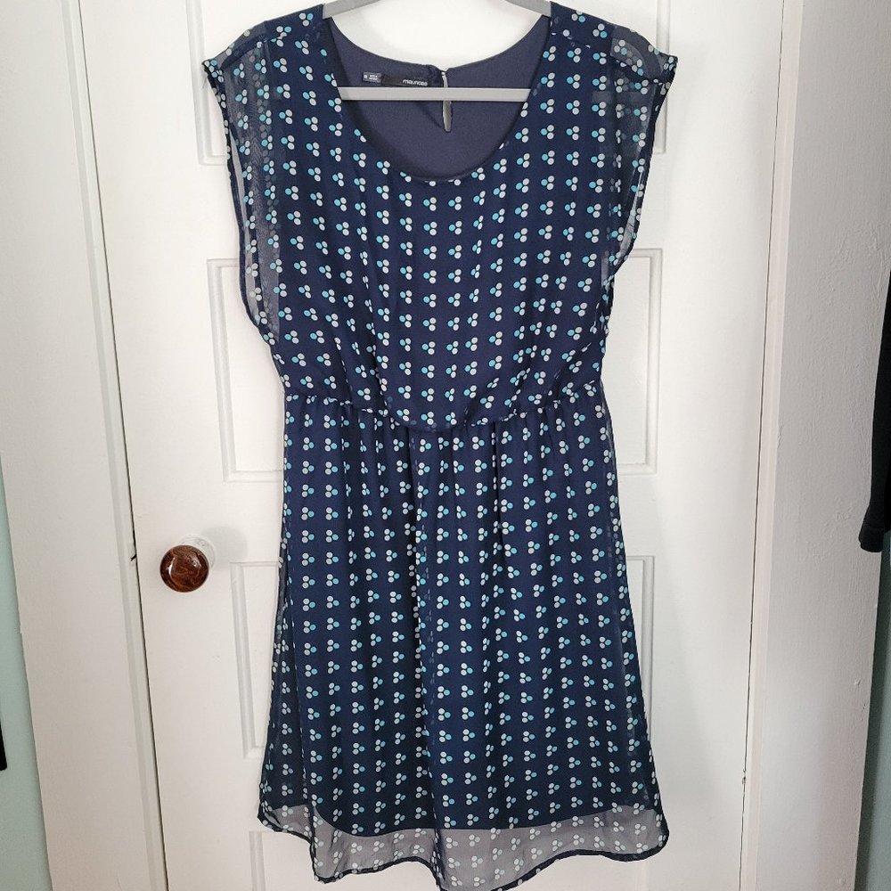 Maurices midi dress. Navy blue with light blue & white polka dot pattern. Size M